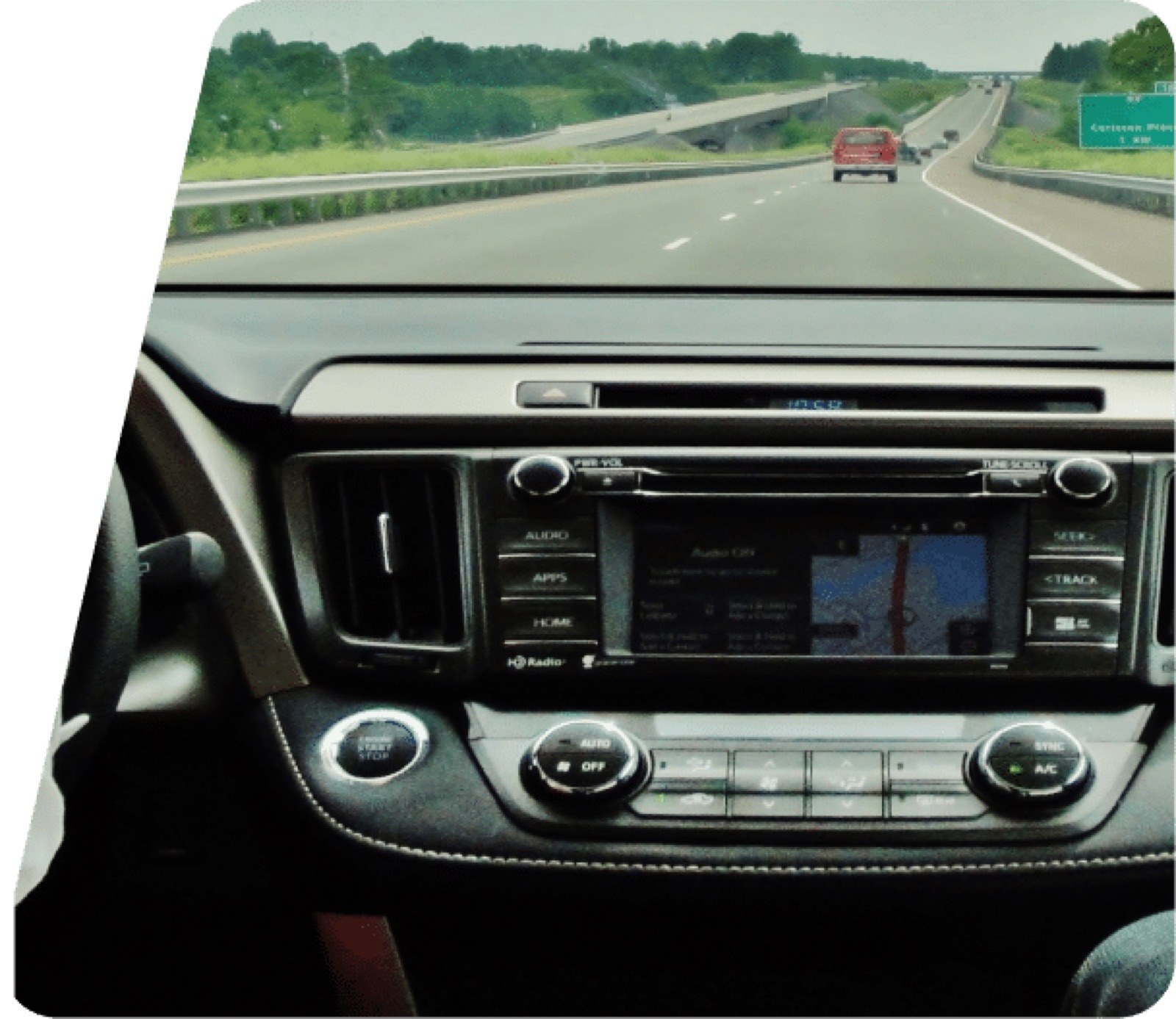 Lane departure warning camera view through a windshield